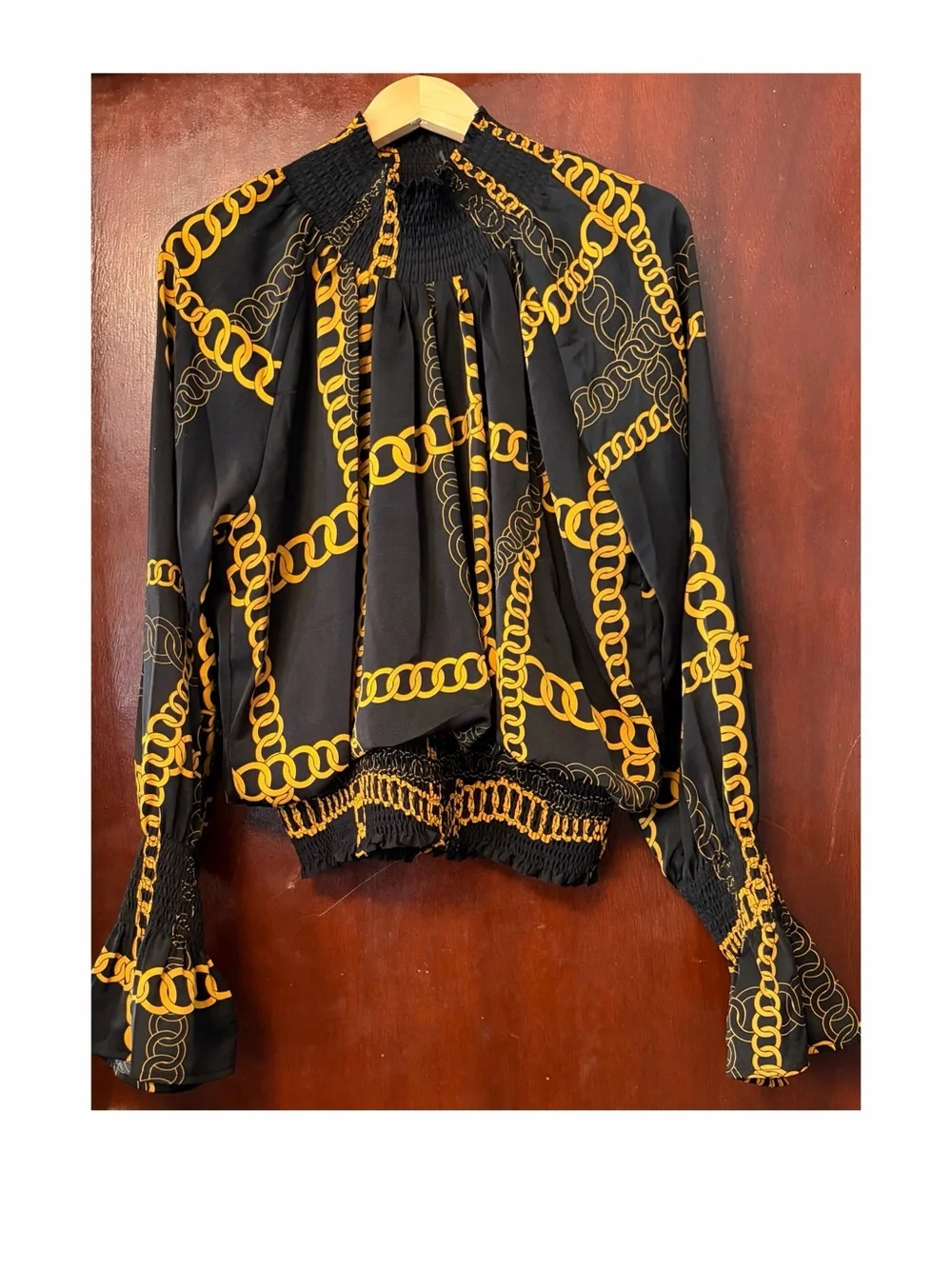 Women’s Gracia Black & Gold Chain Print Smocked Blouse - Picture 4 of 5